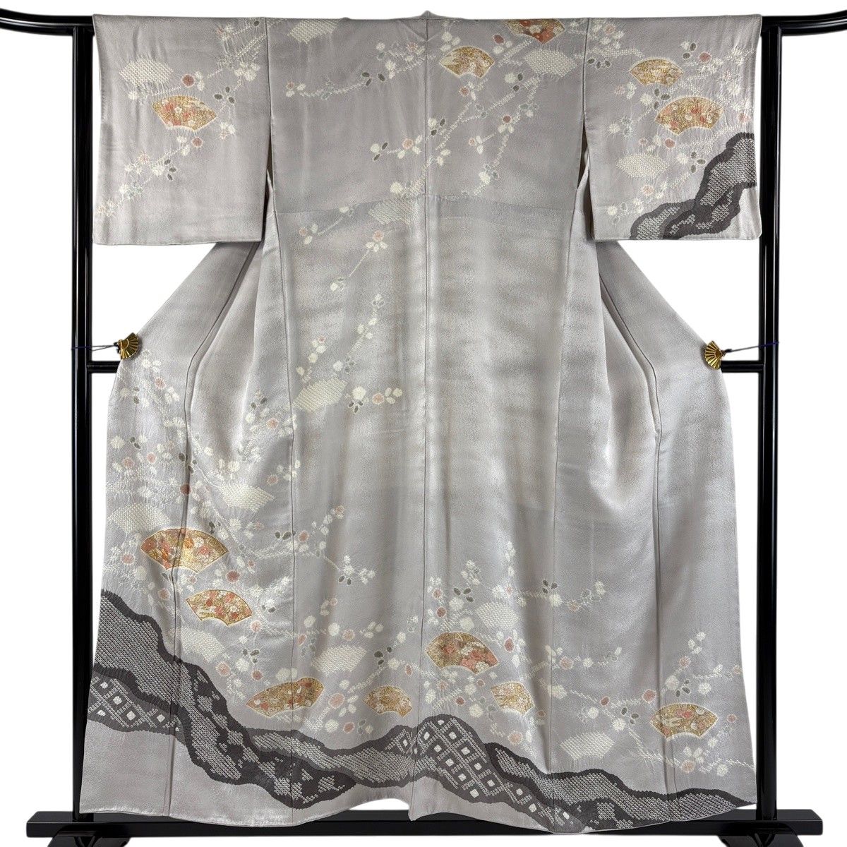 訪問着 身丈156cm 裄丈63cm S 袷 扇面 草花 金糸 絞り 灰紫 正絹 秀品 【中古】