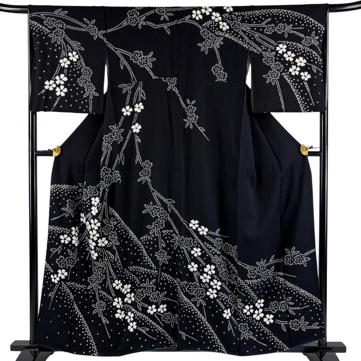 訪問着 身丈157.5cm 裄丈66.5cm M 袷 枝垂れ桜 霞 絞り 黒 正絹 秀品 【中古】