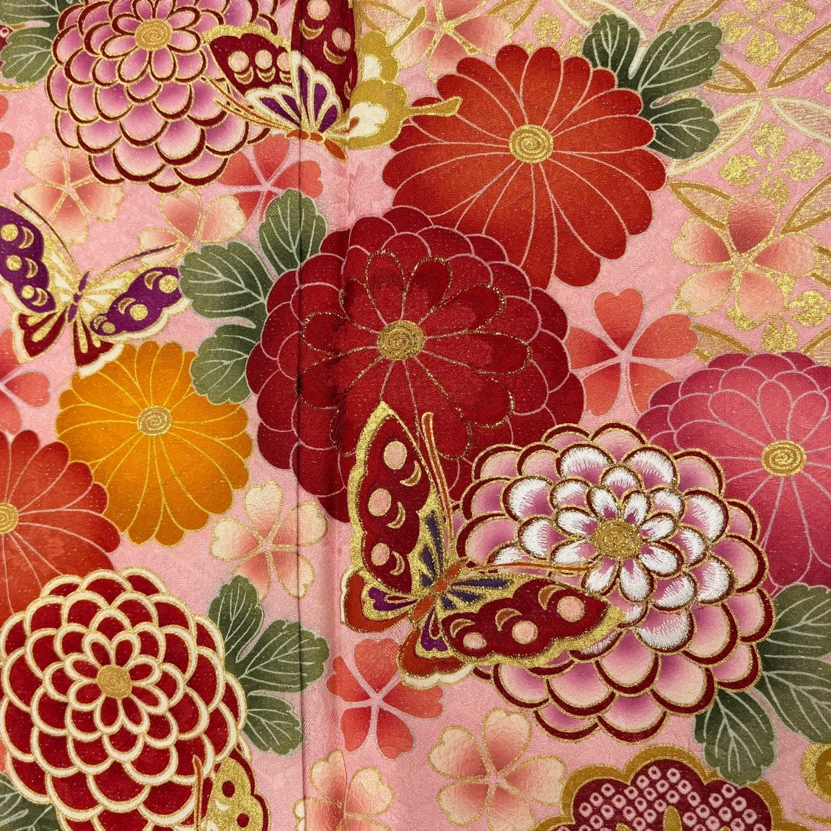 振袖 身丈170cm 裄丈67.5cm L 袷 菊 蝶 銀通し 箔 ピンク 正絹 秀品 