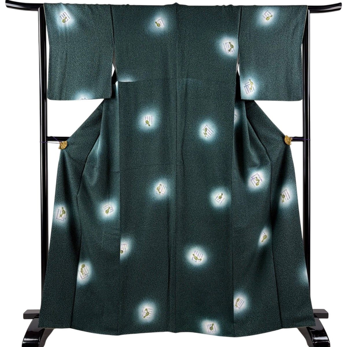 【美品】 小紋 身丈166.5cm 裄丈64.5cm M 袷 瓢箪 源氏香 深緑 正絹 秀品 【中古】