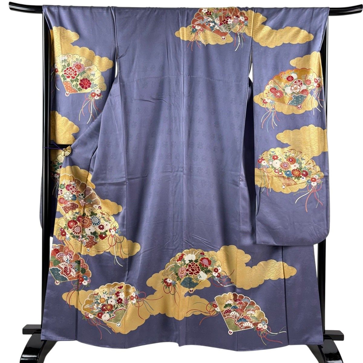 振袖 身丈163.5cm 裄丈68cm L 袷 落款 檜扇 菊 金糸 金彩 灰紫 正絹 秀品 【中古】