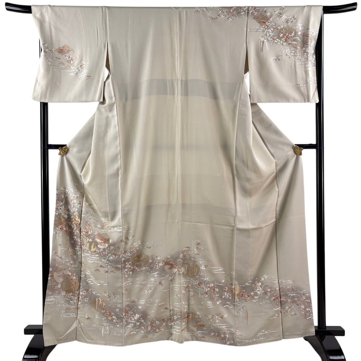 訪問着 身丈163.5cm 裄丈68.5cm L 袷 団扇 草花 刺繍 金糸 ベージュ 正絹 秀品 【中古】