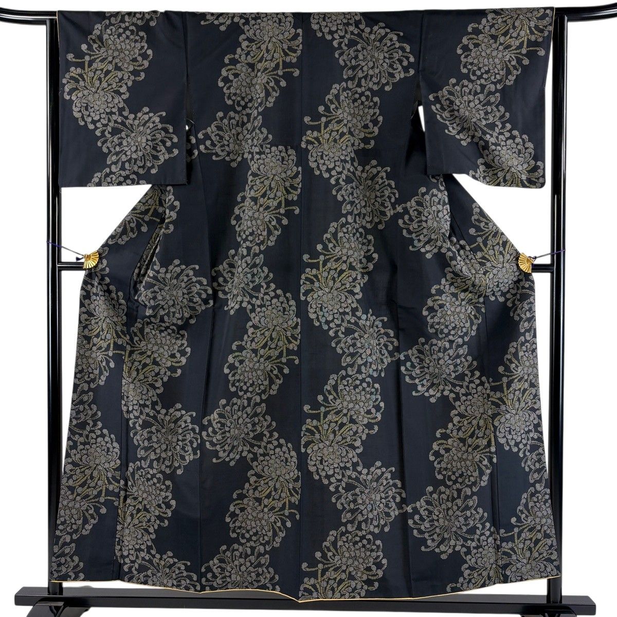 【美品】 紬 身丈155.5cm 裄丈63.5cm S 袷 乱菊 墨色 正絹 秀品 【中古】
