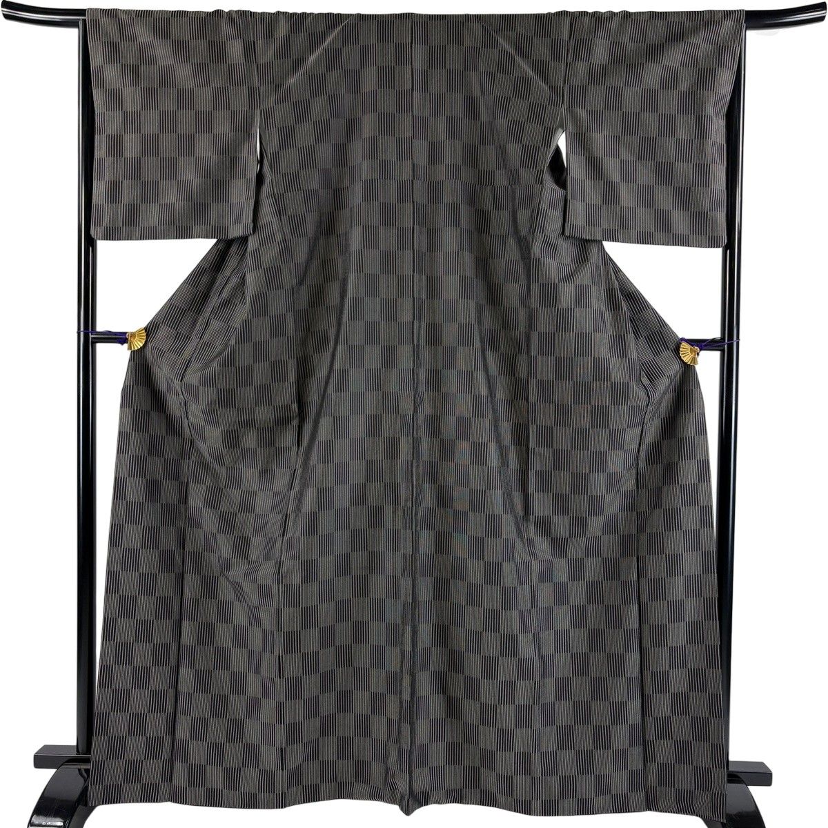 【美品】 お召 身丈165.5cm 裄丈67.5cm L 袷 縦縞 市松 墨色 正絹 秀品 【中古】