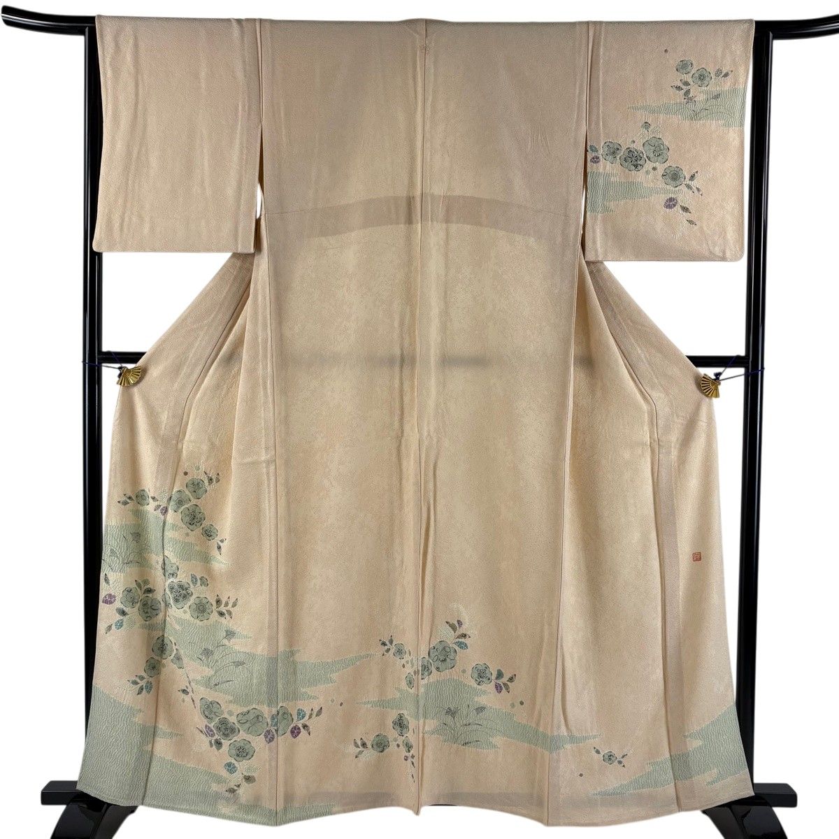 訪問着 身丈159.5cm 裄丈64cm M 単衣 落款 辻が花柄 霞 絞り ピンクベージュ 正絹 秀品 一つ紋 【中古】
