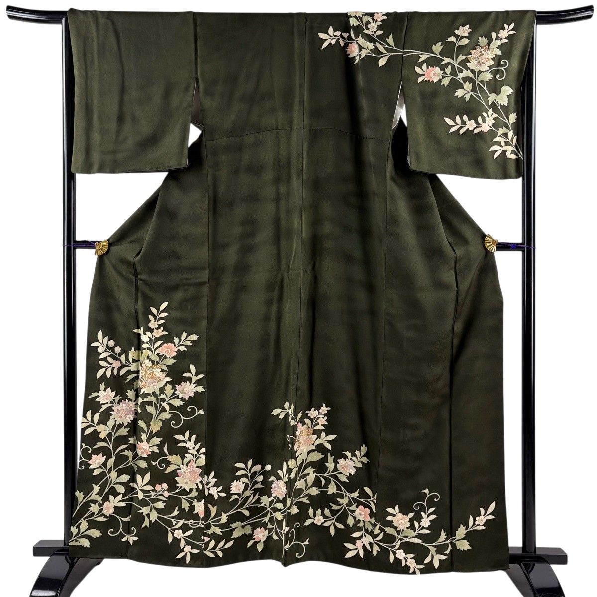 訪問着 身丈161.5cm 裄丈67cm M 袷 花唐草 金糸 金彩 深緑 正絹 秀品