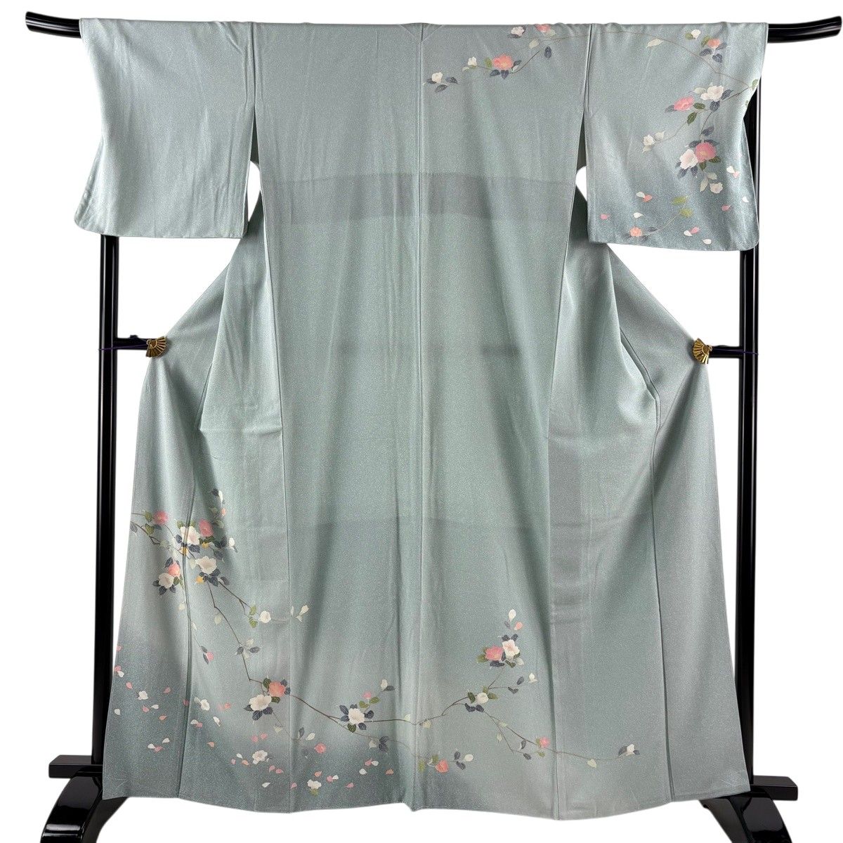 訪問着 身丈163.5cm 裄丈70.5cm L 袷 枝花 花びら ぼかし 薄緑 正絹 秀品 【中古】