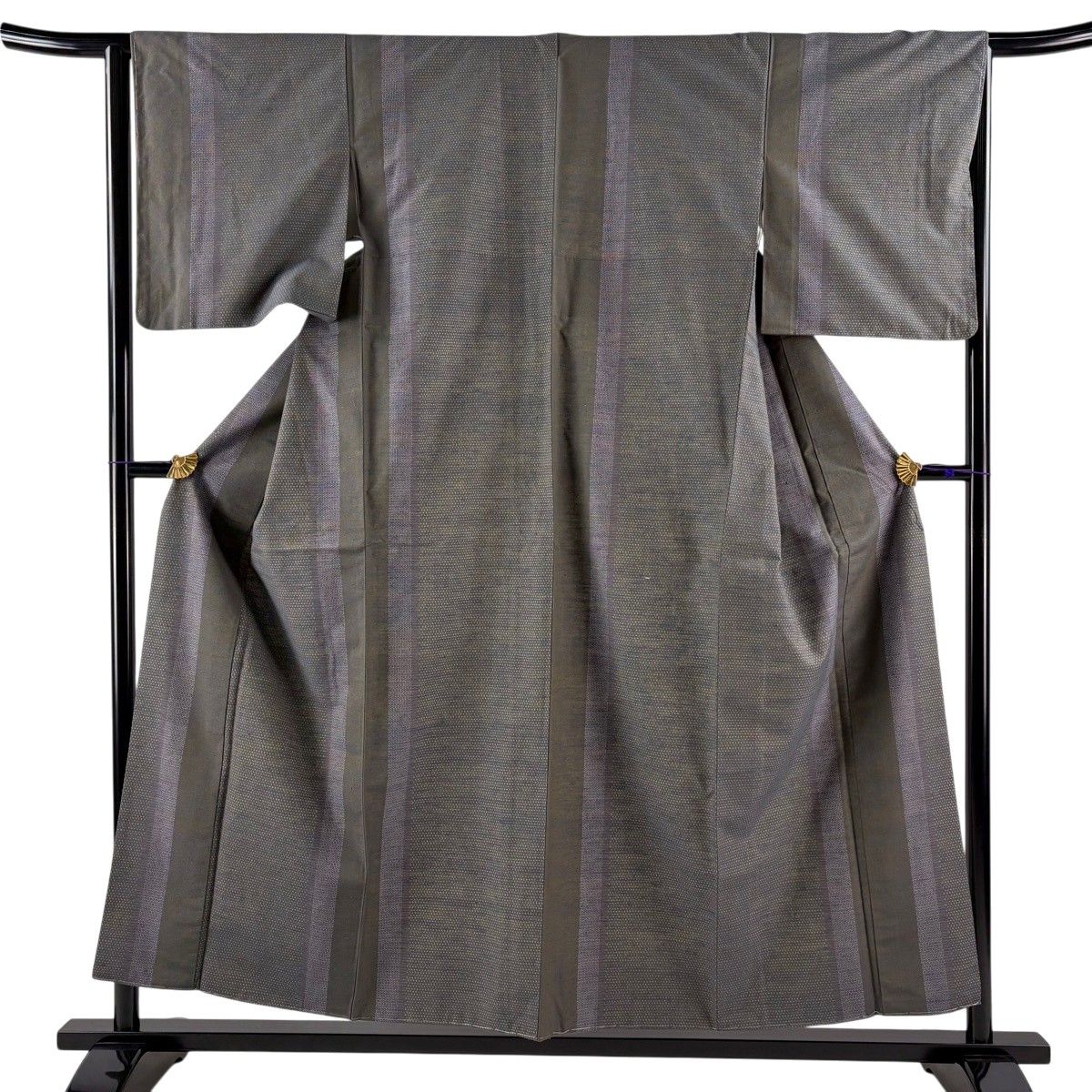 【美品】 紬 身丈154.5cm 裄丈64.5cm M 袷 証紙 亀甲絣 十字絣 灰色 正絹 秀品 【中古】