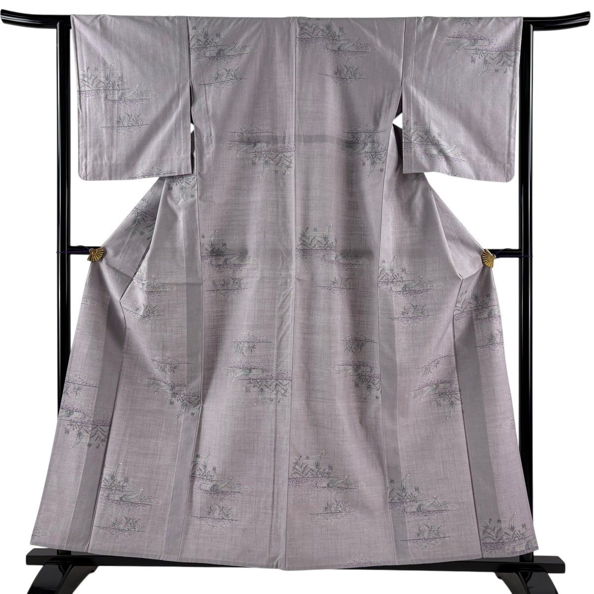 【美品】 紬 身丈157.5cm 裄丈63.5cm S 単衣 魚 草花 薄紫 正絹 秀品 【中古】