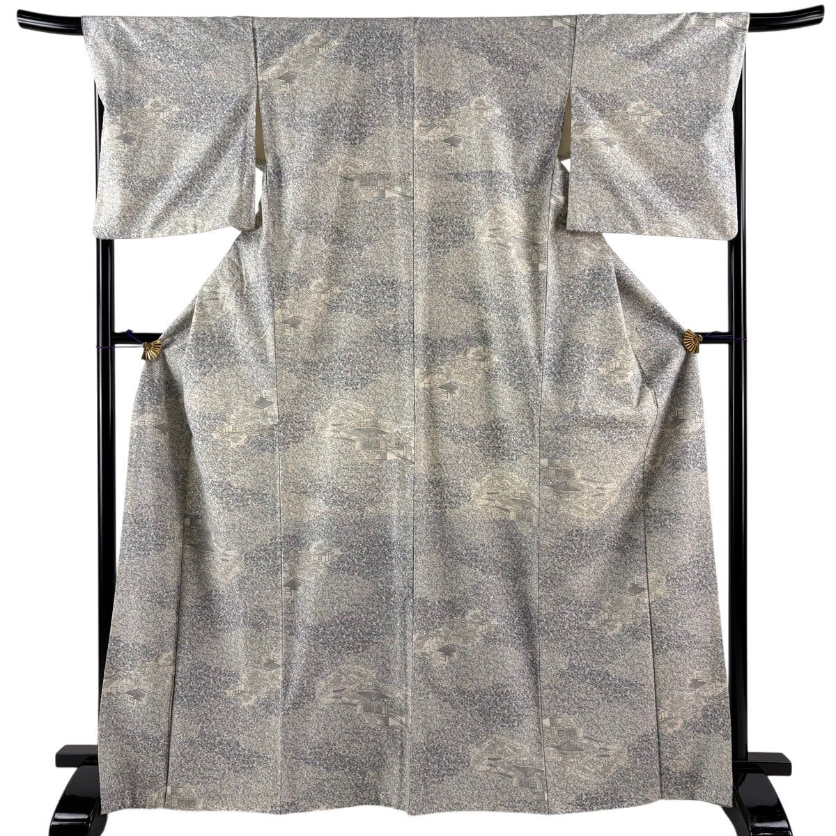 【美品】 小紋 身丈168cm 裄丈68cm L 袷 紬地 証紙 建物 椿 灰紫 正絹 秀品 【中古】