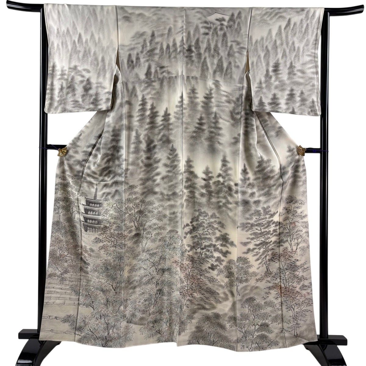 訪問着 身丈162cm 裄丈65cm M 袷 落款 塔 樹木 灰白 正絹 秀品 【中古】