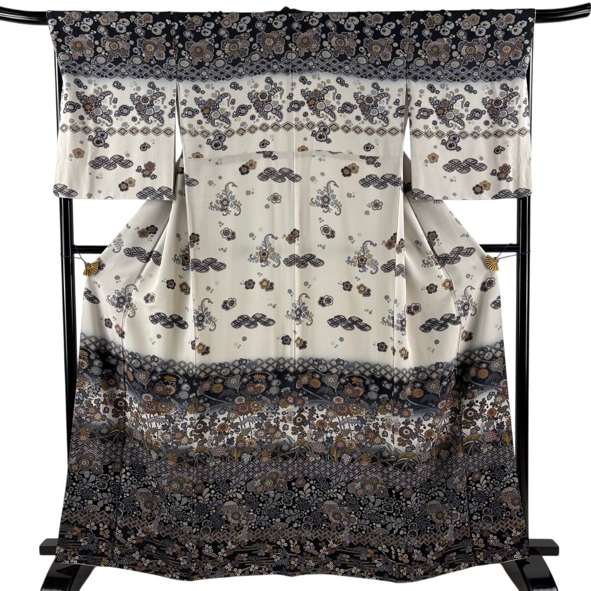 訪問着 身丈164cm 裄丈68cm L 袷 草花 松川菱 ぼかし 灰白 正絹 名品 【中古】