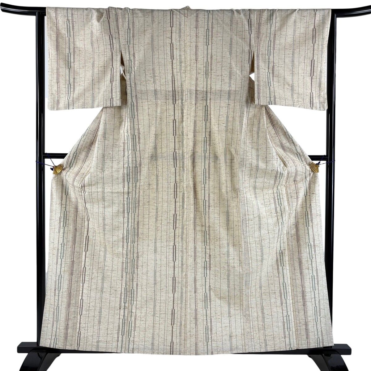紬 身丈159cm 裄丈64.5cm M 単衣 縞 幾何学 ベージュ 正絹 名品 【中古】