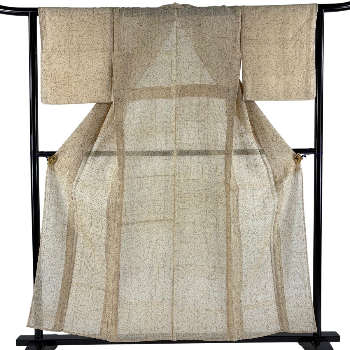 小紋 身丈156cm 裄丈63.5cm S 薄物 夏紬地 葉柄 ベージュ 正絹 名品 【中古】