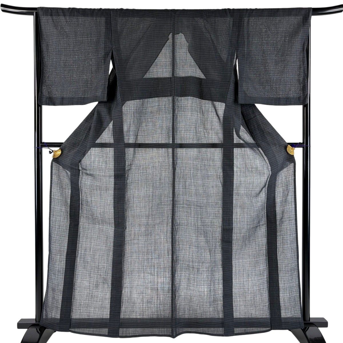 紬 身丈162.5cm 裄丈66cm M 薄物 夏紬 横縞 墨色 正絹 名品 【中古】