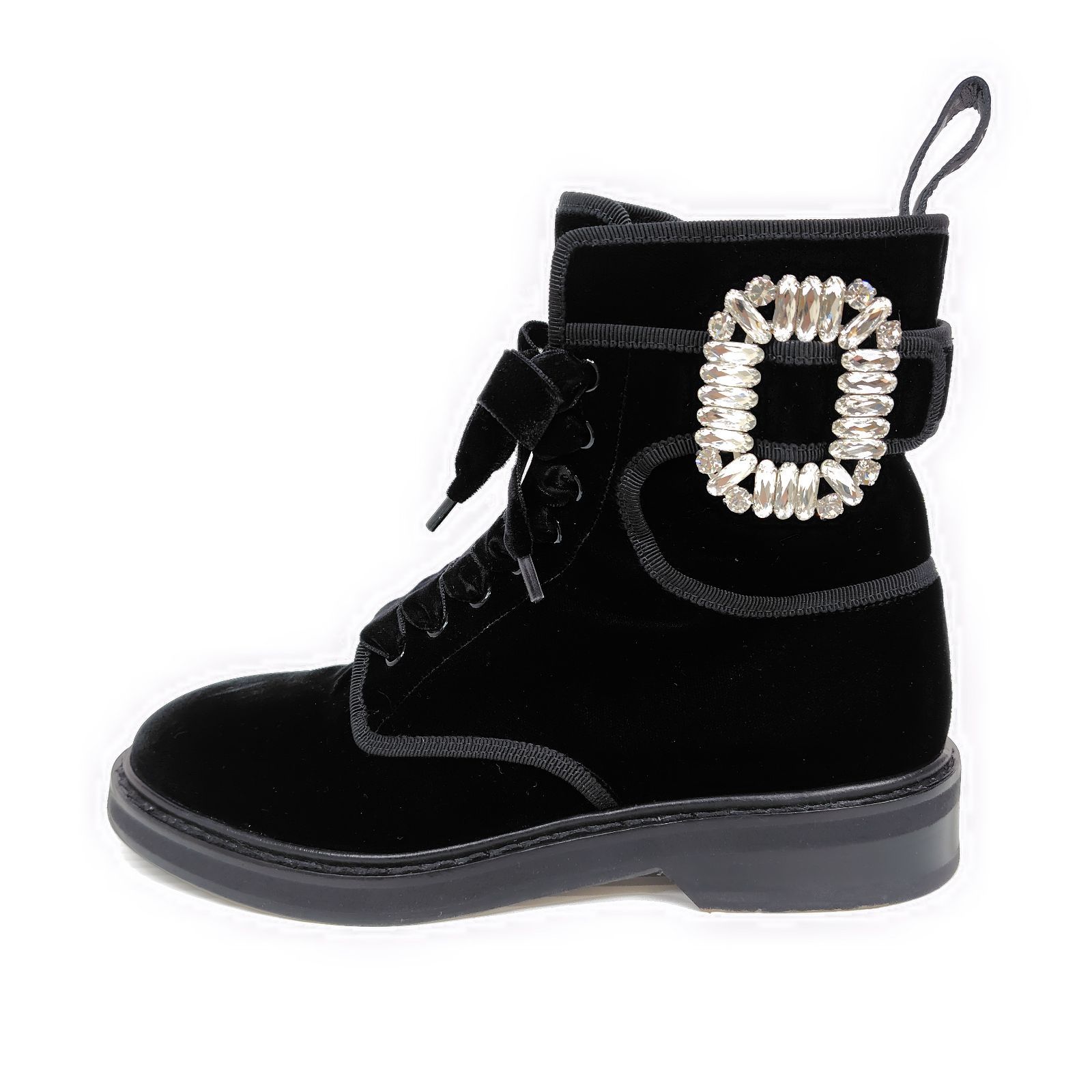 ★美品★ROGER VIVIER ロジェヴィヴィエ Viv' Rangers コンバットブーツ 38.5 クリスタルバックル サイドジッパー ベルベット