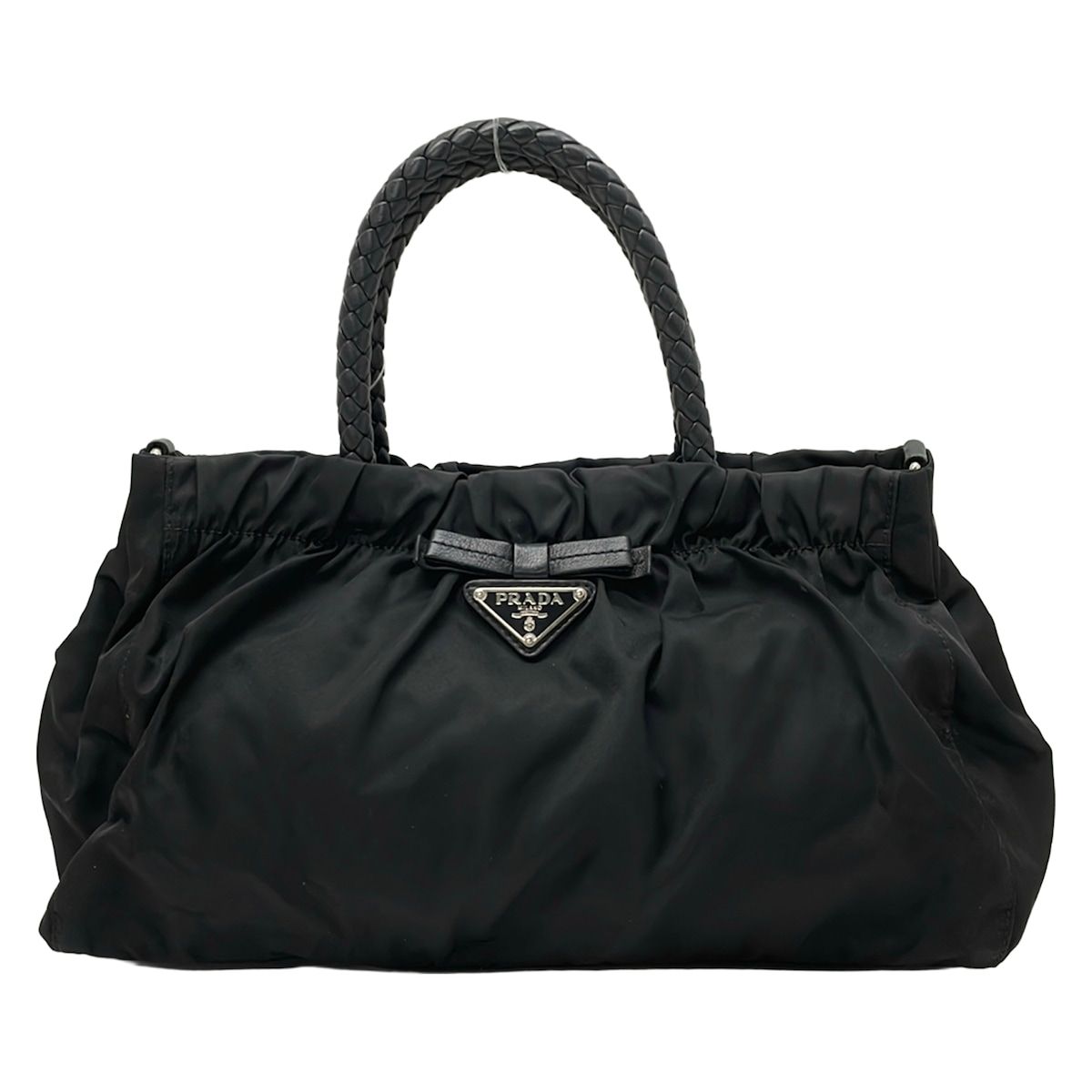 PRADA(プラダ) ハンドバッグ美品 ギャザーバッグ BN1631 黒 リボン/編み込み レザー
