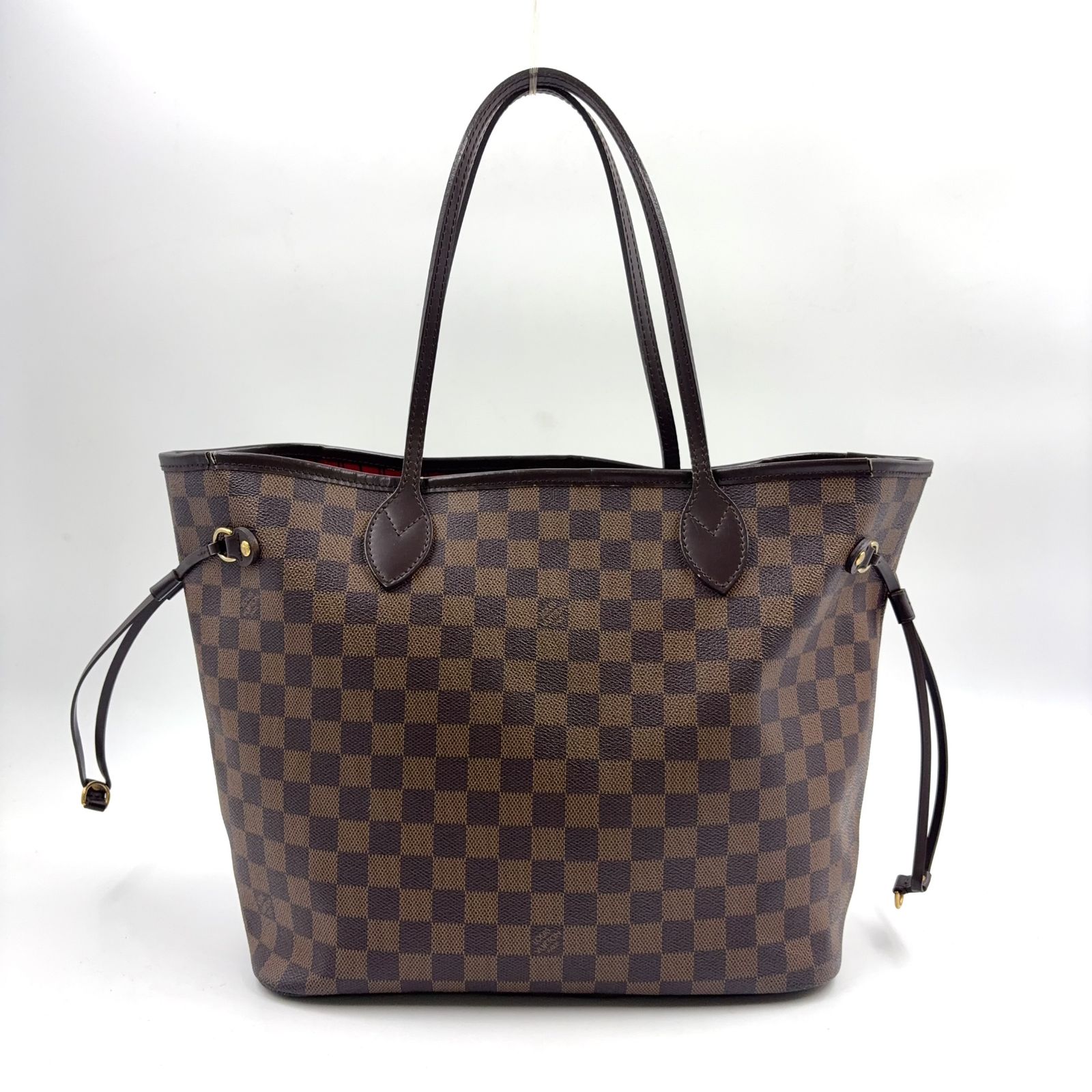 【新着】LOUIS VUITTON ネヴァーフルMM ダミエエベヌ ダミエエベヌ レザー、PVC ブラウン、レッド トートバッグ ゴールド N51105