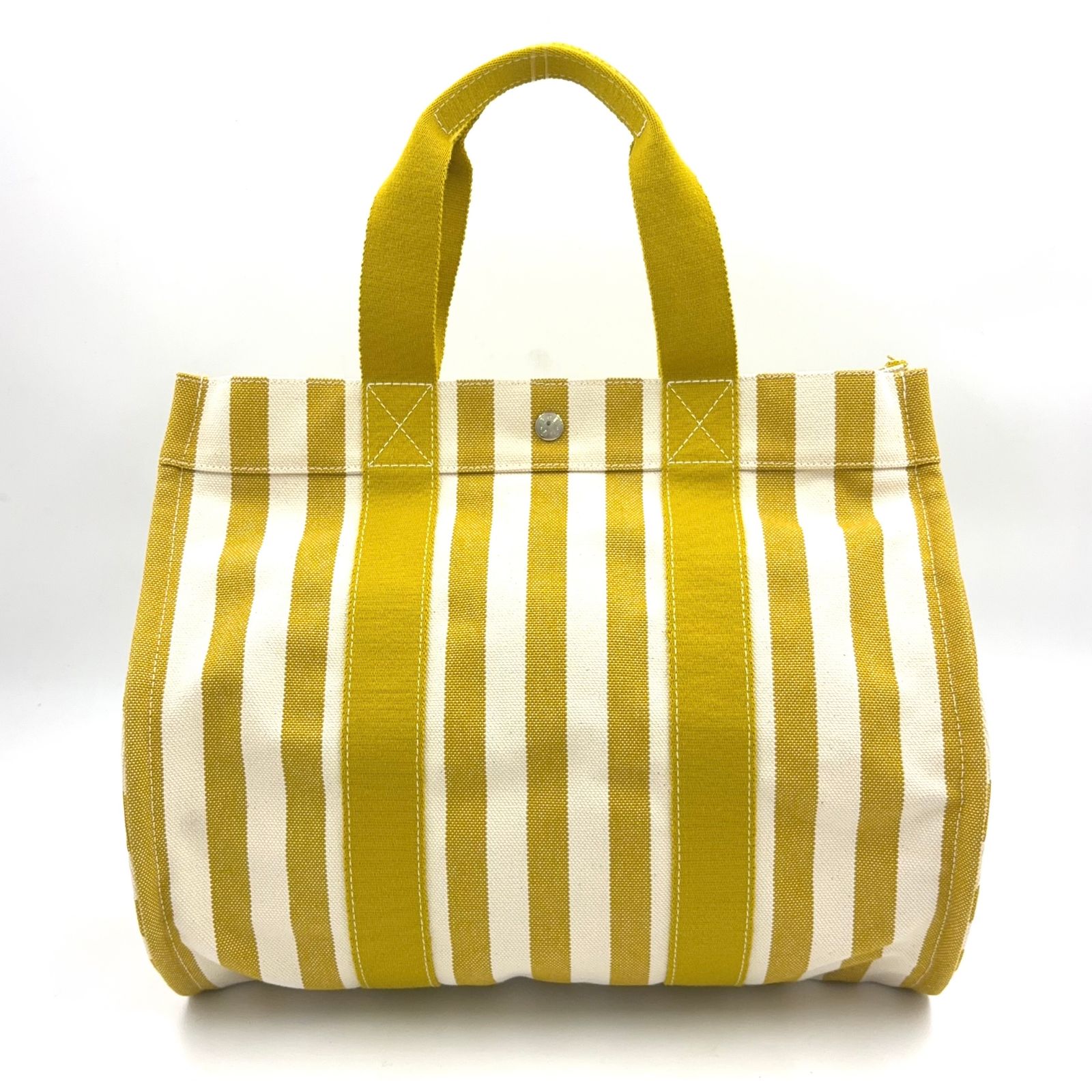 【新着】HERMES カンヌMM キャンバス イエロー、ホワイト トートバッグ シルバー