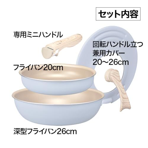 エバークック フライパンセット 4点セット（フライパン 20? 深型フライパン 26? 回転ハンドル立つ兼用カバー 20?26?用 専用ハンドルミニ） IH対応 ガス火対応 【500日保証】 PFOAフリー スモーキーブルー 着脱式 選べるシ 9fc46978