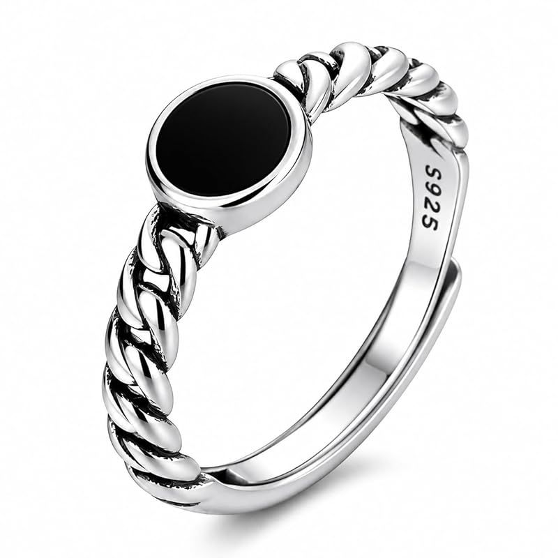 【新品】 [Rockyu] 指輪 レディース メンズ フリーサイズ シルバー925 リング 大粒 黒石 英文 刻印 星 円形 純銀製指輪 結婚指輪 婚約指輪 おしゃれ ニューヨークスタイル (A-6MM)