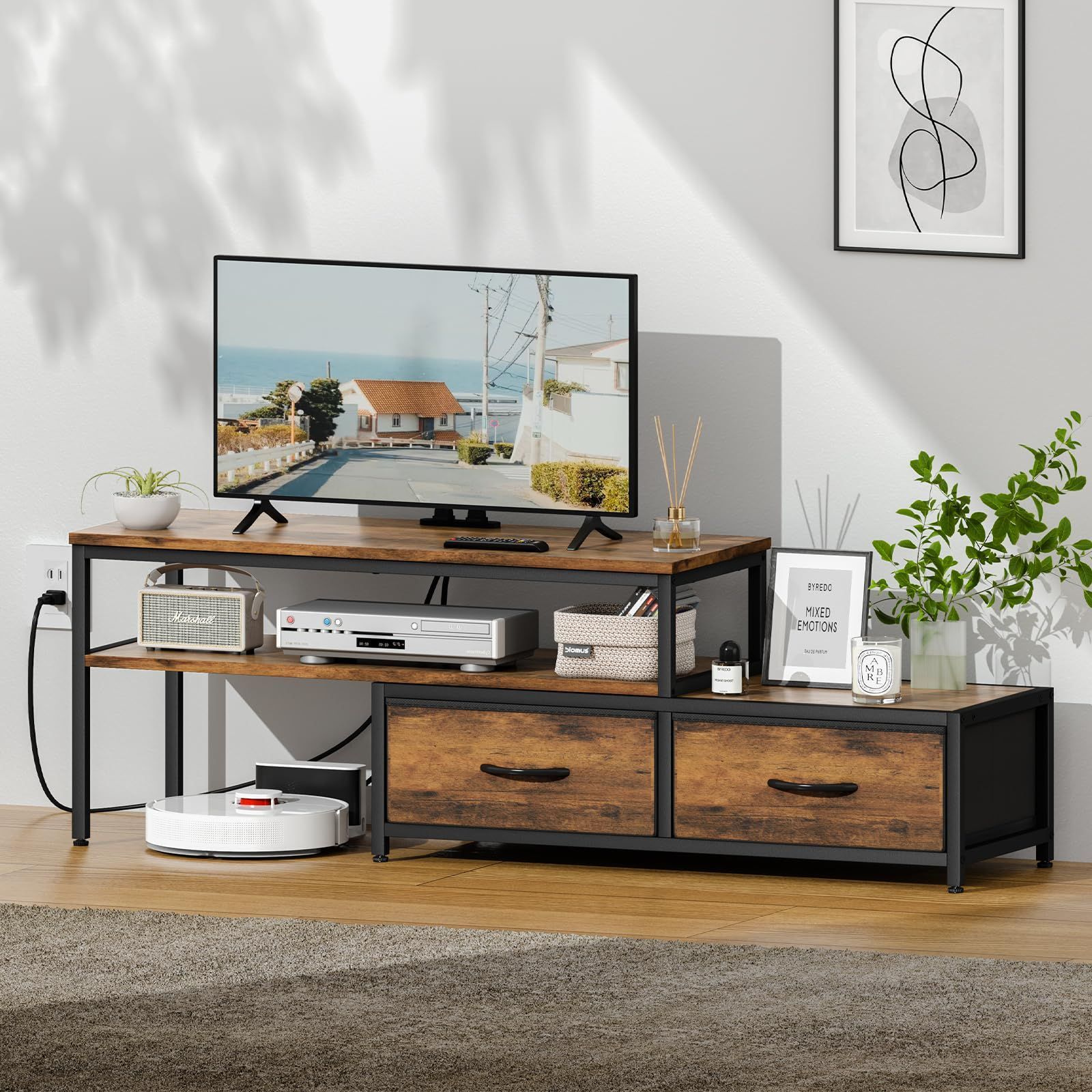 数量限定 2口コンセント付スライド蓋式 左右レイアウト 幅80-150奥行き30高さ38cm コーナー設置スタイル 角度自由 テレビラック 引き出し 棚付き テレビボード 大容量収納 24/28/32インチテレビ対応 伸縮・回転自在 高さ調節脚 テレビ台 保護