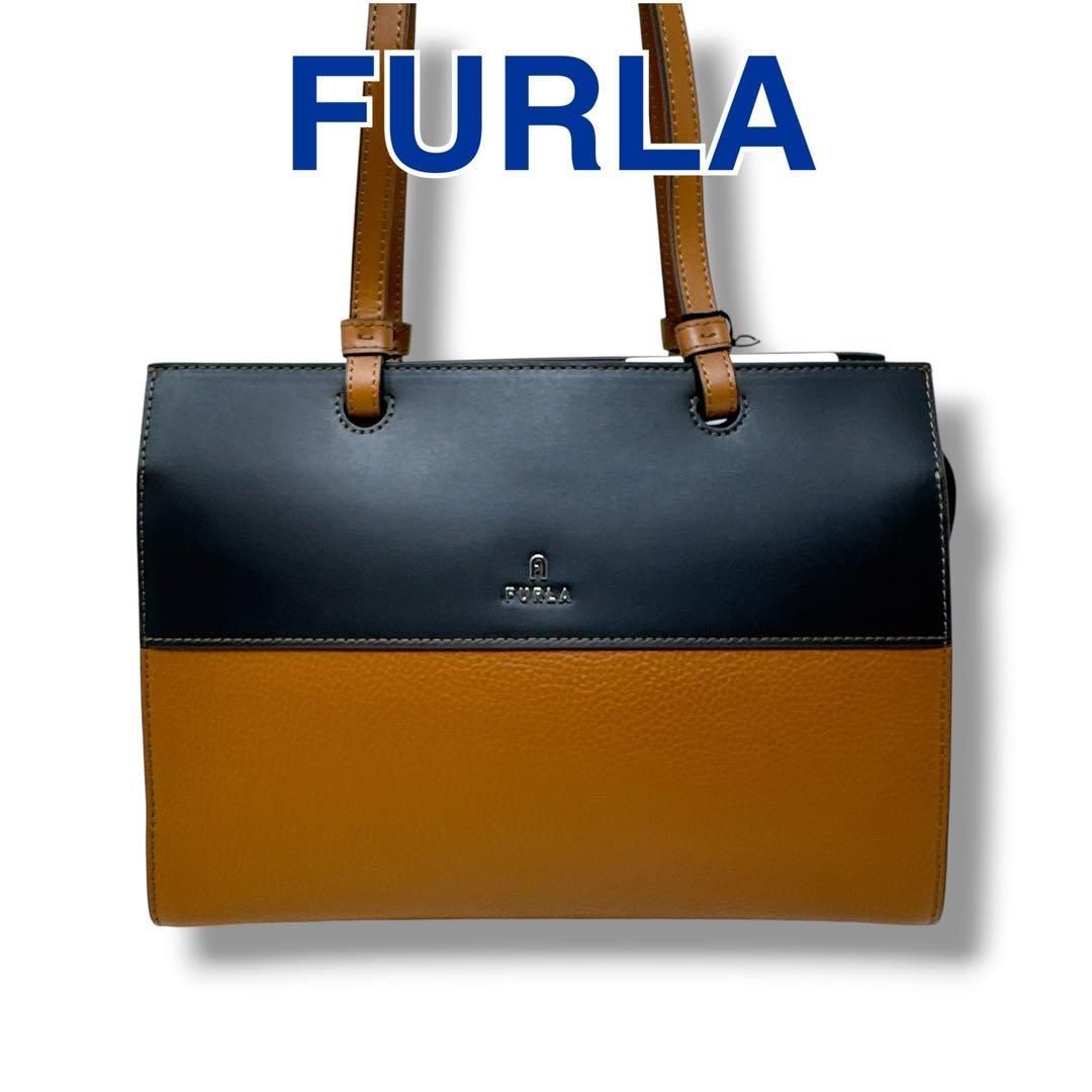 フルラ ヴァーシティ スタイル ミディアム トートバッグ ツートン レザー 美品 FURLA ブラウン ブラック レディース ブランド シルバー金具 茶色 外ポケット なし ハンドバッグ 肩掛け カバン 女性用 定価60,000円 SA/未使用に近い