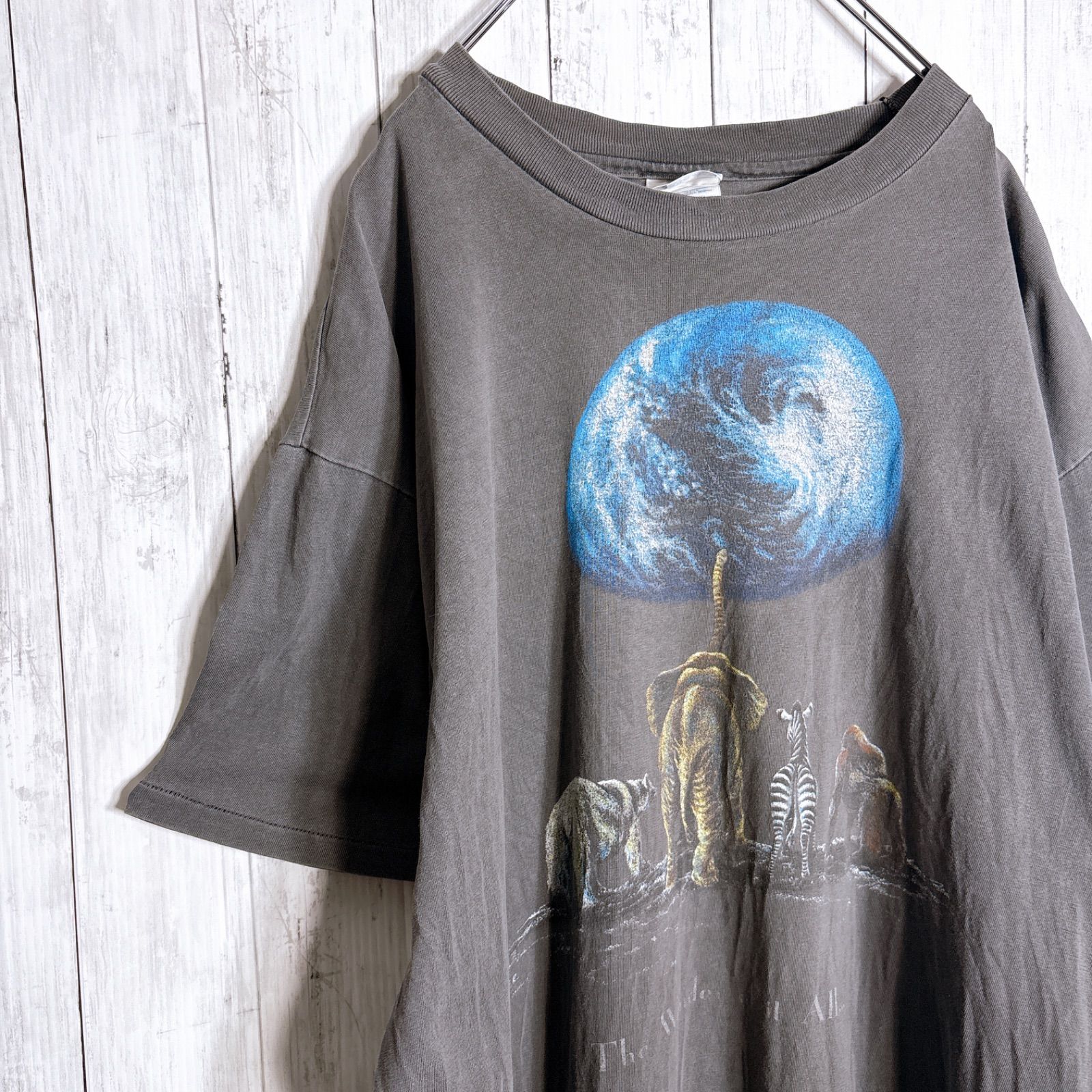 【人気アニマルデザイン/地球モチーフ】古着 半袖Tシャツ アニマルプリント ゾウ シマウマ オオカミ 地球 グレー ブルー ビッグプリント オーバーサイズ #M5832