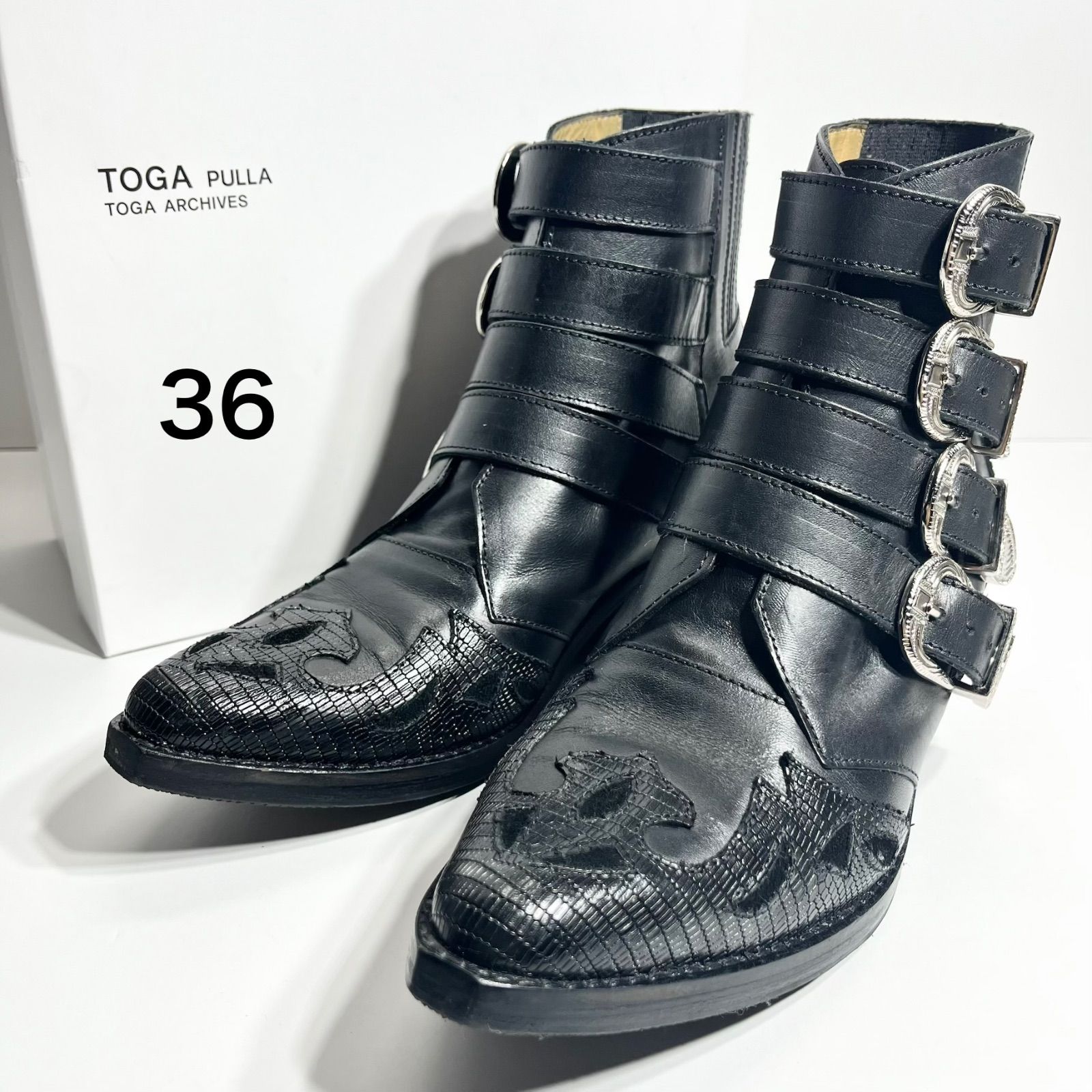極美品】TOGA PULLA トーガプルラ 4連メタル BLACK MIX レザー ブーツ