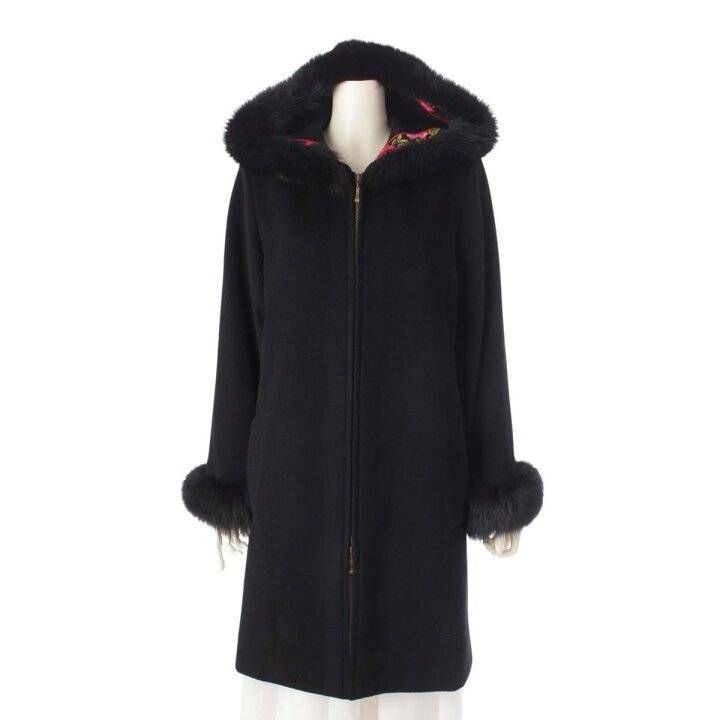 美品 LEONARD レオナールカシミヤ アンゴラ ウール フォックスファー フード コート11R 0328353