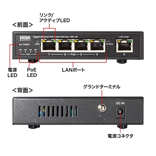 【新品】サンワサプライ スイッチングハブ ギガビット対応 PoE+ 5ポート 4ポート給電 IEEE802.3at 1ポート最大30W 合計60W 金属筐体 ファンレス LAN-GIGAPOE52 df29cad5