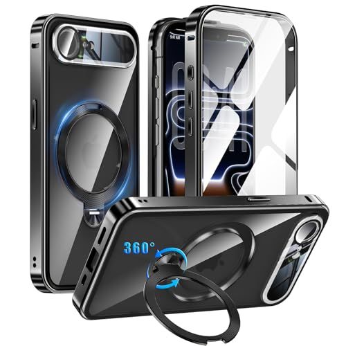 iPhone 17e / iPhone 16e 用 ケース 両面保護 MagSafe対応 光沢CD紋様リング 360°定点回転スタンド 自動ポップアップロック付き カメラレンズ保護 あいふおん 17e / 16e 用 Gunwon スマホケース アルミ合金mt