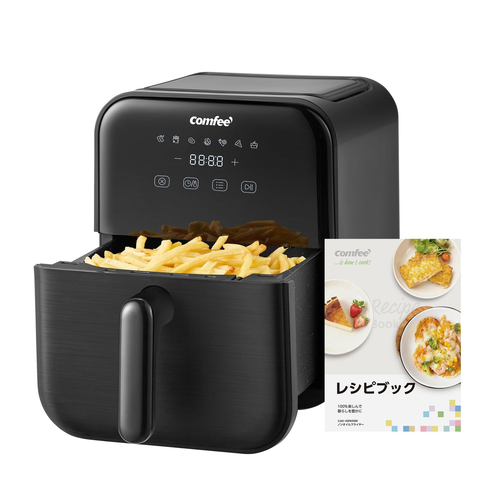 Comfee' ノンフライヤー 4L 大容量 ノンオイル 電子レシピ付き 電気 エアフライヤー 揚げ物 ポテト 7つのメニュー設定 家庭用タイマー 温度調節 自動電源オフ 自動調理 LEDディスプレイ PSE認証済 ブラックJu