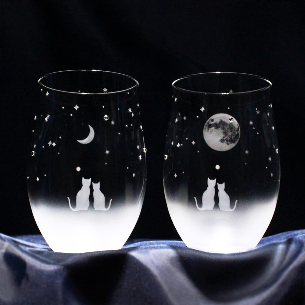【新品】アトリエキース 猫モチーフのグラスセット (一緒にみる満月 ＋ 三日月の夜空 ペアセット) 6c4a3074