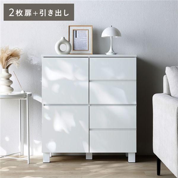 スクエアキャビネット 扉+引き出しタイプ 2枚扉+引き出し 幅72.2cm ホワイト キャビネット リビング 収納 配線穴付き 組立品