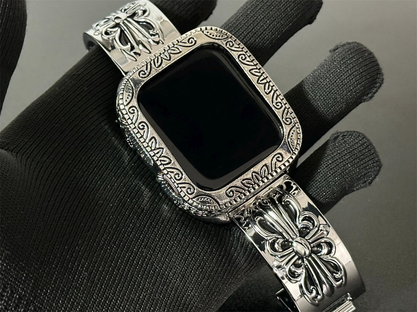 銀sm★Apple Watchバンド ステンレスブレス メタルベルト アップルウォッチ彫刻調カバー ステンレス製保護ケース 44mm 45mm 46mm 49mm ultra ウルトラ 重厚感MAX 高級 メンズ レディース 単品販売可 ラグジュアリーモデル