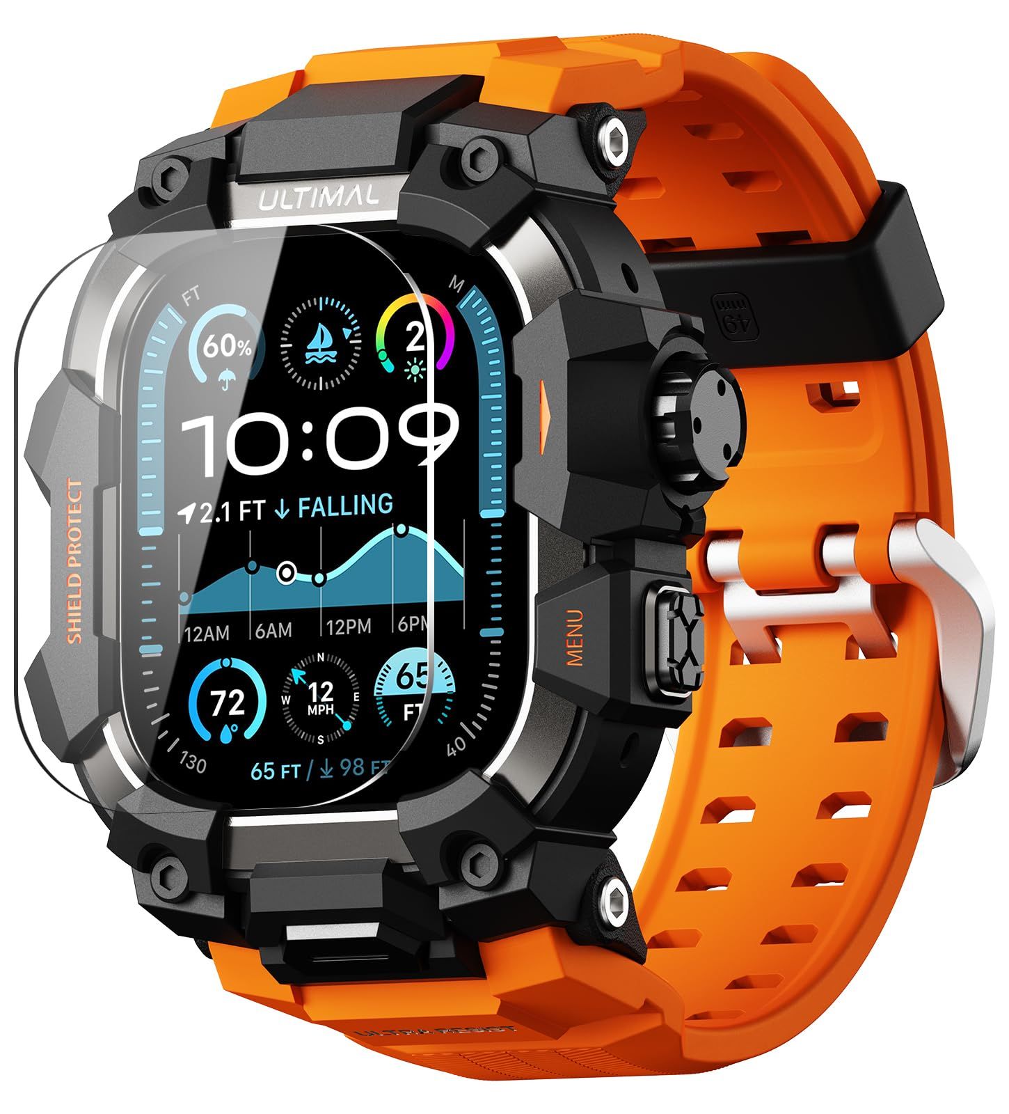 新品 ULTIMAL に対応 Apple Watch Ultra 3/Ultra 2/Ultra（49mm）用 バンド一体型保護ケース 強化ガラスフィルム付き TPU 耐衝撃 高耐久 簡単装着 通気性 アウトドア/スポーツ向け オレンジ・ブラック