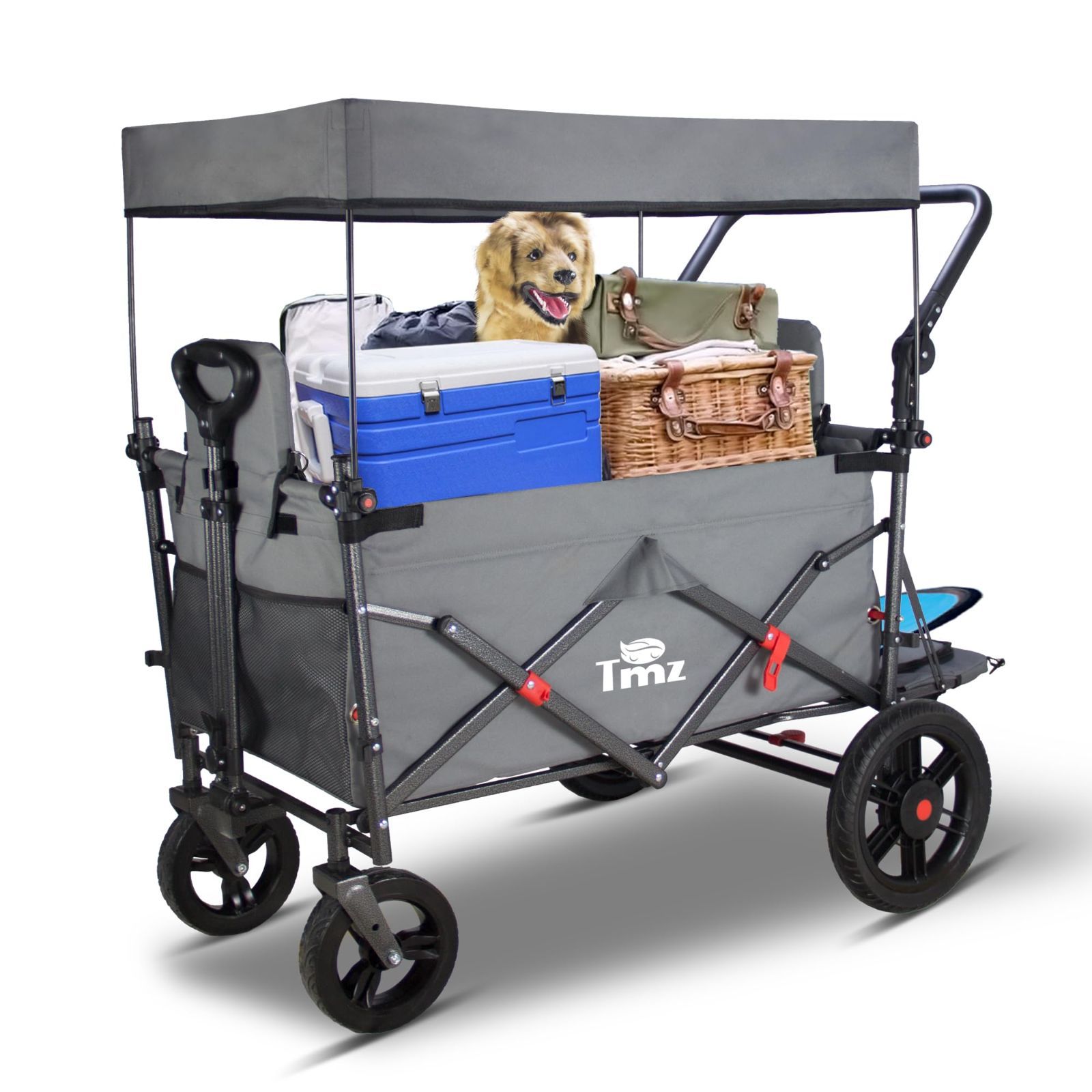 新商品 耐荷重120kg(グレー) アウトドアワゴン、シートとシートベルト付き多機能カート、荷室拡張可能、フロントハンドル+リアプッシュハンドル、四輪取り外し可能、ストッパー付き 折りたたみ式 キャリーワゴン TMZ