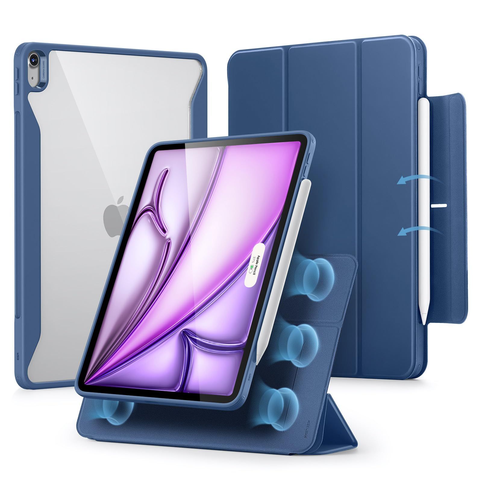 新品 ESR iPad Air 13インチ ケース M4/M3/M2（2026/2025/2024）対応 着脱式マグネットカバー 分離式デザイン 単体使用可能 縦横対応 多角度スタンド 自動スリープ/ウェイク Pencil Pro/USB-C対応 ネイビー・ブ