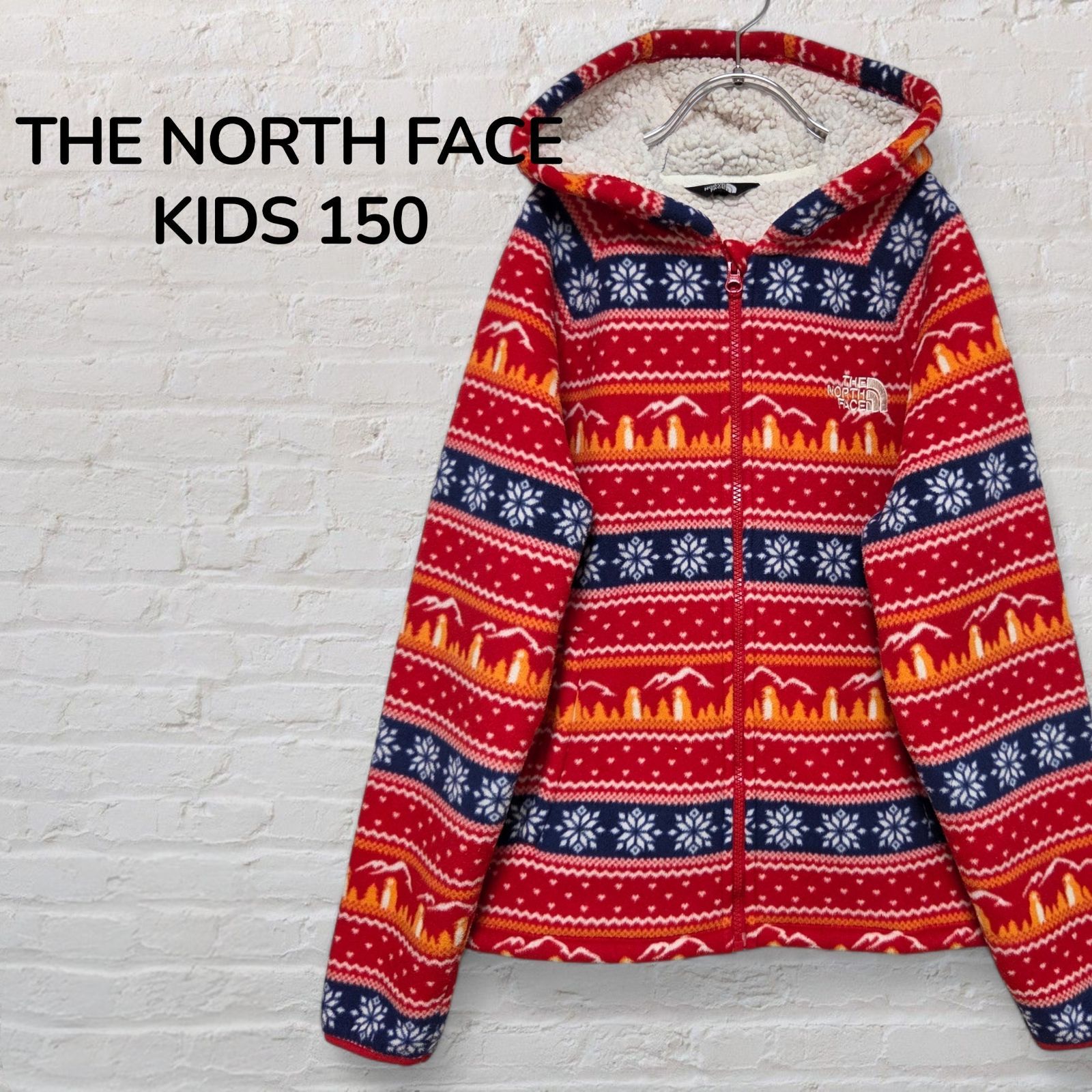 ノースフェイス　THE NORTH FACE　フリースジップアップパーカー　ボアパーカー　キッズ　ジュニア　150　裏ボア　ノルディック柄　ペンギン柄　キッズアウター　防寒　アウトドア　ユニセックス　韓国　古着