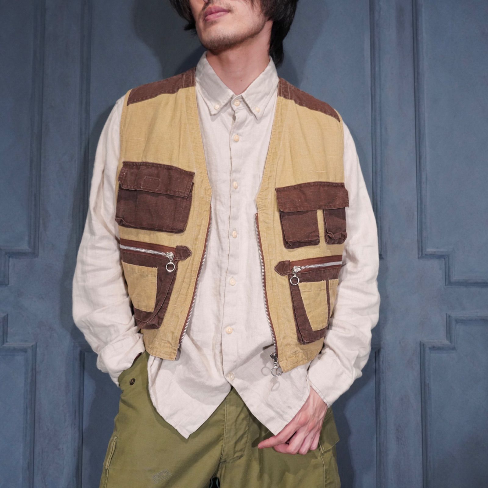 USA VINTAGE HIGH EFFICIENCY Etnic LINEN FISHING VEST/アメリカ古着リネンフィッシングベスト