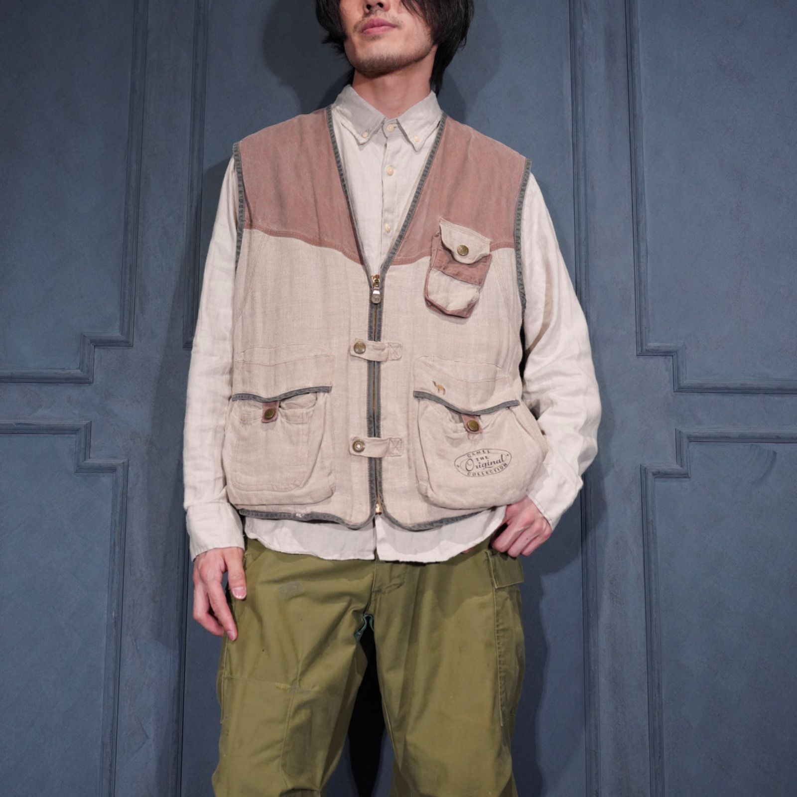 EU VINTAGE CAMEL COLLECTION 2TONE WASH OUT DESIGN FISHING VEST/ヨーロッパ古着キャメルコレクション2トーンウォッシュアウトデザインフィッシングベスト
