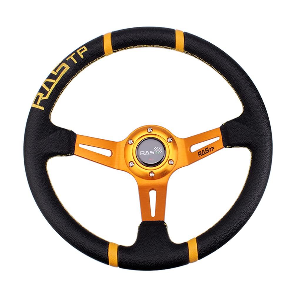 【新品】MUTEKI ステアリング ハンドル 直径350mm 軽量アルミニウム レザー 車用 交換 ディープコーン レザー刺繍 ホーンボタン付き 汎用 (金) fe6769fa - サムネイル