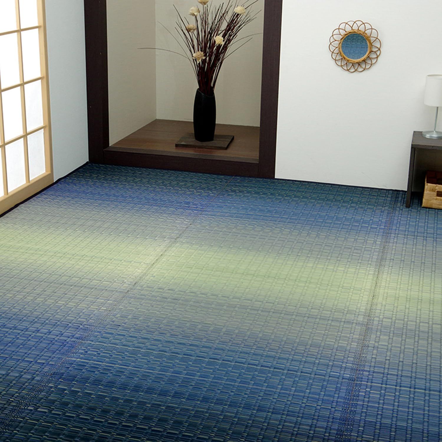 新品 イケヒコ い草 ラグ カーペット 花ござ 日本製 大自然 掛川織 モダン 抗菌防臭 海 ブルー 江戸間3畳 約174×261cm #4141303