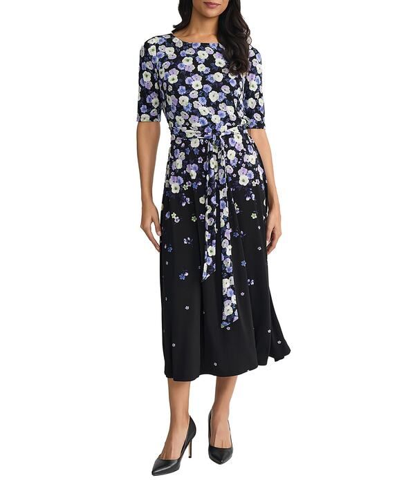 カスパール レディース トップス ワンピース クルーネック フラワー柄 プリント ミディ ジャージー フラワー Kasper Crew Neck Floral Print Jersey Elbow Sleeve Midi Dress Black Multi ブ