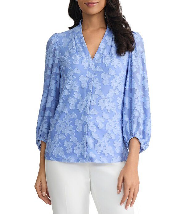 カスパール レディース トップス シャツ Vネック フラワー柄 ブラウス フラワー Kasper VNeck Blouson Sleeve Floral Burnout Blouse Paris Bleu