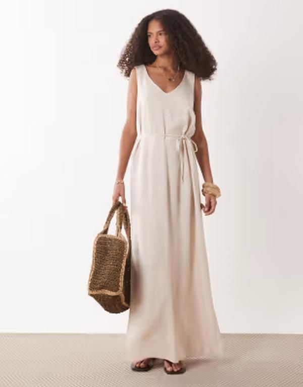 ジェイディーワイ レディース トップス ワンピース リネン マキシ JDY tie waist linen blend maxi dress in oatmeal STONE ストーン