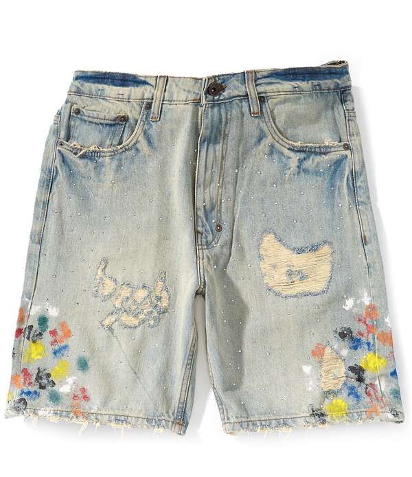 アクー メンズ ボトムス ハーフパンツ・ショーツ ショートパンツ デニム AKOO Mosaic 85 Inseam Rhinestone Paint Splatter Distressedenim Shorts Lyra デニム