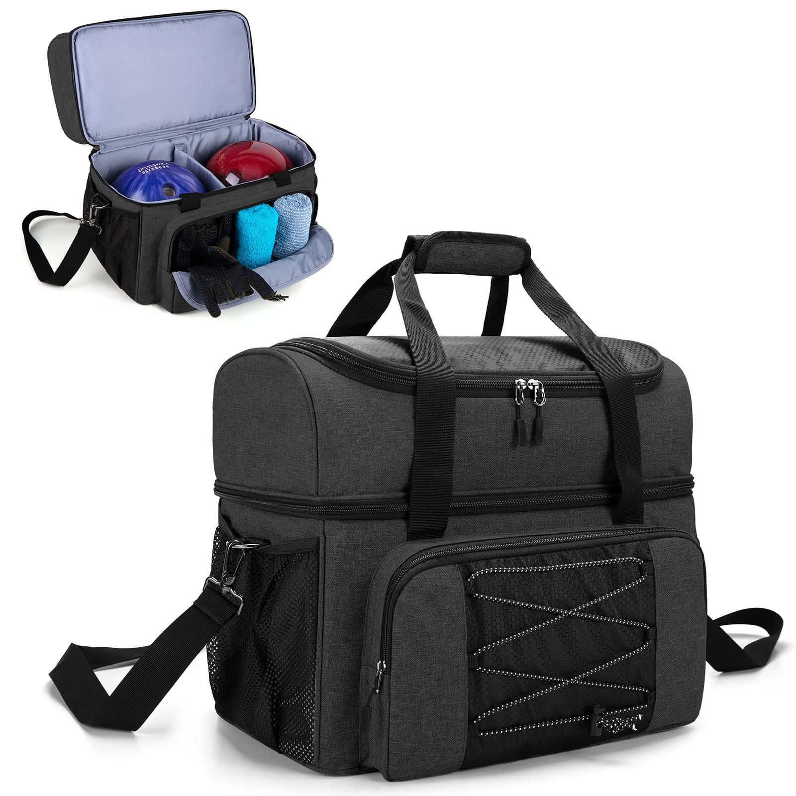 新品 DSLEAF ボウリング バッグ 2個用 ボーリングバック シューズ収納付き (ブラック)