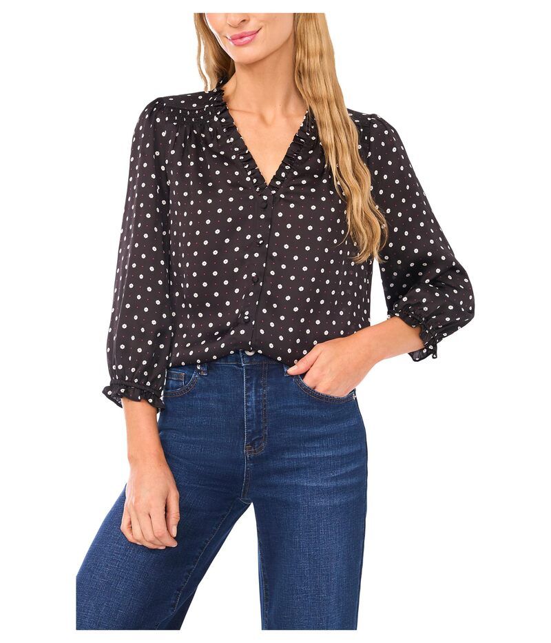 セセ レディース トップス シャツ Vネック CeCe Vneck 34 Sleeve Button Frontop Rich Black ブラック